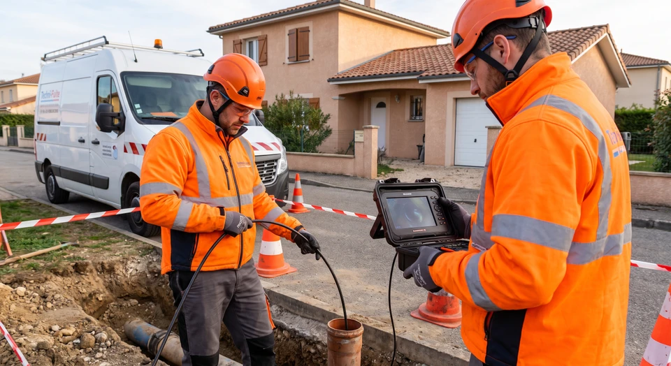 Deux techniciens en tenue professionnelle sur un chantier d'habitat, l'un tenant une caméra endoscopique branchée à un écran portable, en train d'inspecter une conduite d'eau au sol ou dans une tranchée peu profonde, le second observant l'écran de diagnostic. Environnement extérieur réaliste, équipements de détection visibles, concentration professionnelle, lumière naturelle.